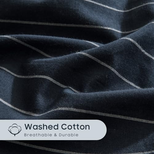 Image of Wake In Cloud - Striped Cotton Duvet Cover Set, Ticking Stripe Vertical Pinstripe Farmhouse, 100% Washed Cotton Textured Bedding Set, 3 Pieces, Navy Blue, King Size