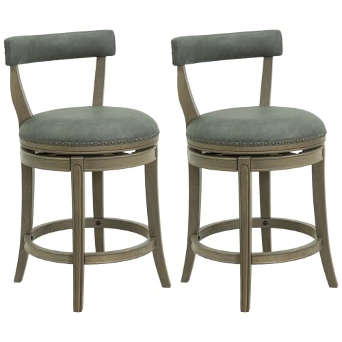 Image of ROME + OAK Ruxban 26 inch Counter Stool, Set of 2 Low Back Swivel Barstools in Reclaimed Oak Finish with Stone Vegan Leather Seat - Indoor Home Furniture