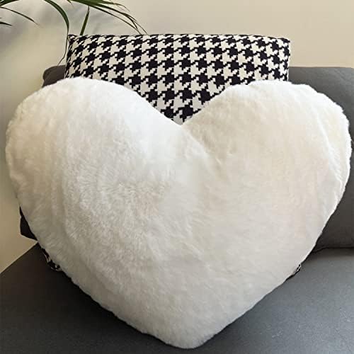 Vdoioe Heart Pillow Fluffy White Heart Shaped Throw Pillows Super Soft Faux Rabbit Fur Heart Throw Pillow Outdoor Indoor Decorative Pillows