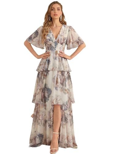 Image of TOLEEN Summer Casual Dresses for Women 2024 Spring Fashion Boho V Neck Long Sleeve Ruffle Floral Print Elegant Maxi Dress