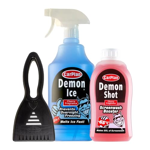 CarPlan Demon Shot Screenwash Booster, 500ml (Pack of 1) & CarPlan Demon Ice, Ice Preventer and De-Icer, 1 Litre (Pack of 1) & CarPlan Ice Scraper - Winter Car Care Bundle/Kit