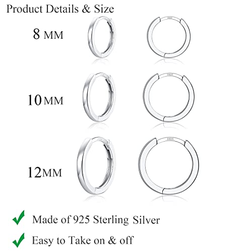 3 Pairs 925 Sterling Silver Hoop Earrings 14K White Gold Plated Small Silver Hoop Earrings For Women Huggie Cartilage Hoop Earrings For Men Girls (8 10 12Mm) #TOP1