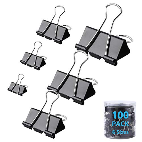 Paper Clips Binder Clip 6 Assorted Sizes 100 Count Metal Black Clamps Jumbo Large Medium Small for Office Home School Paperwork DIY Art Craft