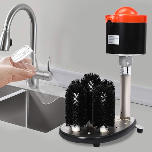 Electric Commercial Glass Washer, 110V 5-Brush Upright Electric Glass Cup Washer Machine Wine Glass Cleaning Machine Bar Glass Washer, 800 Cups/H Submersible Glass Washer for Bars Cafes (Red+Silver)