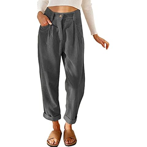 OBEEII Womens Corduroy Trousers High Waisted Straight Leg Casual Trouser with Pockets Grey M Cover