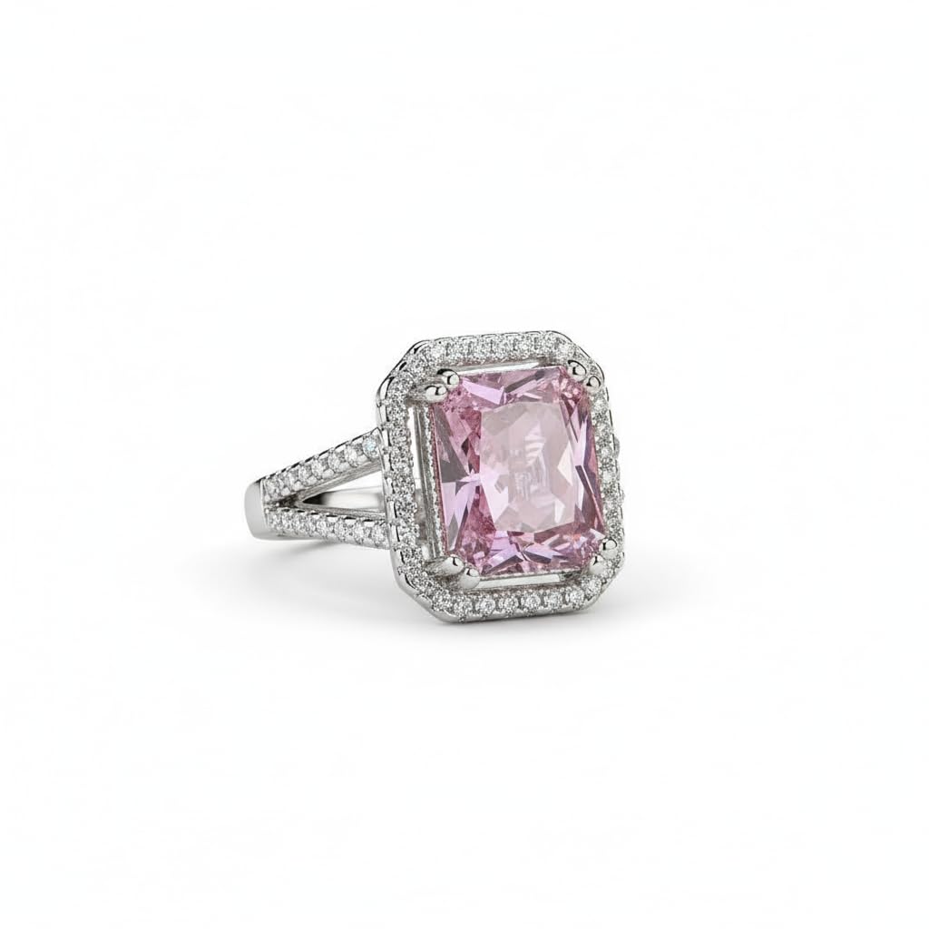 american diamond crushed ice cut rectangular ring for women | silver tone statement ring with halo detailing | fashion jewellery