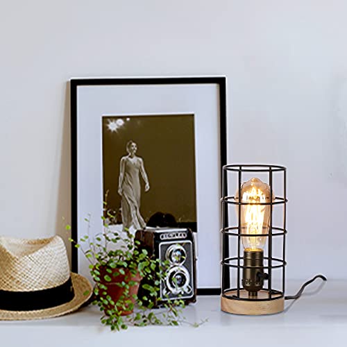 Sunllok Bedside Table Lamp With Wood Base, Metal Cage Shade Small Nightstand Lamp For Bedroom, Vintage Steampunk Industrial Reading Desk Light Decor For Living Room,Kids Room,Office #TOP7