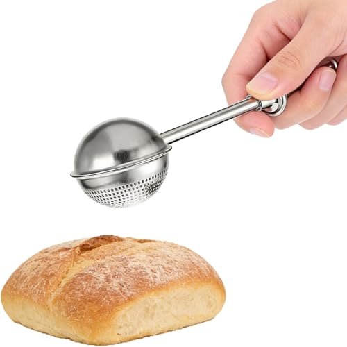 Powdered Sugar Shaker Duster, Flour Sifter for Baking, Baker's Dusting Wand Dispenser with Spring-Operated Handle One-Handed Operation, Stainless Steel Spices Sugar Strainer Steeper Tea Balls
