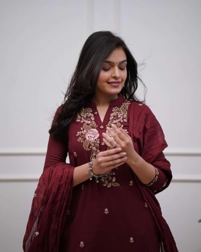 Image of Women's Cotton Embroidery work Straight kurti with Pant & mulmul dupatta set