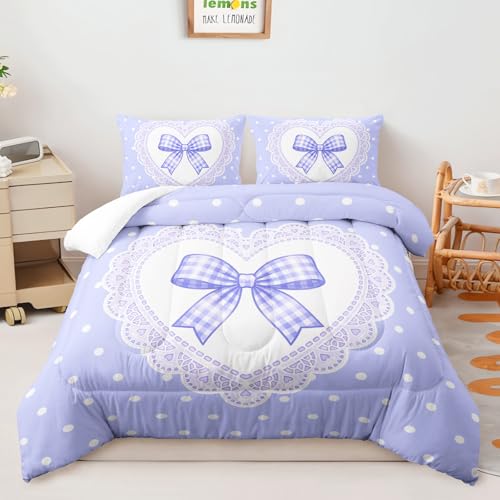 Image of AILONEN Violet Gingham Comforter Queen 3-Piece Kawaii Bowknot Bedding Luxury Lace Heart Patterned Quilt Dreamy Master Bedroom Decor Light Purple Breathable Blanket 2 Cases