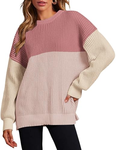 Image of Zeagoo Women 2026 Fall Lightweight Oversized Sweater Crew Neck Long Sleeve Color Block Pullover Rib Knit Blouse Tops XS-2XL