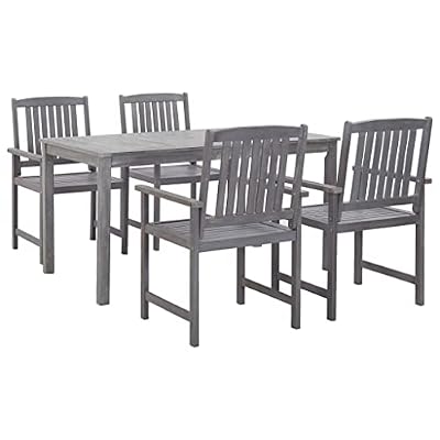GHVBNMF 5 Piece Patio Dining Set Gray Solid Acacia Wood Outdoor Table and 4 Chairs with Parasol Hole, Rustic Wooden Garden Furniture Set for Porch Backyard and Deck