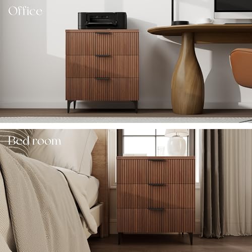 25.6"W Fluted Nightstand with 3 Drawer, Mid-century Modern Wood Night Stands Bedside Table for Bedroom King/Queen Bed, End Table with Robot-friendly Legs for Living Room,Entry (3 Drawers-1pcs-Walnut) by SUNWAVE - Image 5