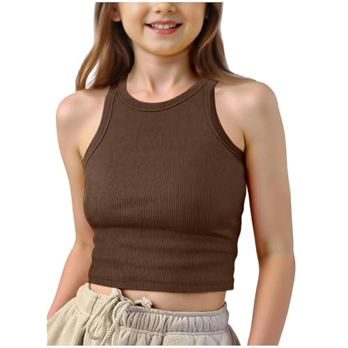 Image of Girls Vests Ribbed Crop Kids Top Ribbed Knit Sleeveless Round Neck Sleeveless Basic Cropped Top Plain Stretchy Sports Vest Breathable Tanks Girls Undershirts Summer Children (a-Brown, 9-10 Years)