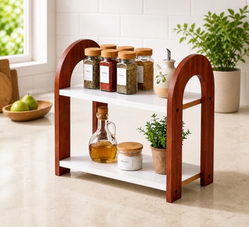 Image of FireBees 2 Tier Kitchen Counter Organizer, Wooden Kitchen Organizer Rack for Spices & Storage, Kitchen Shelf Organiser Stand, Masala Organizer Rack, Aesthetic Kitchen Organizer Items 33 x 16 x 25 cm
