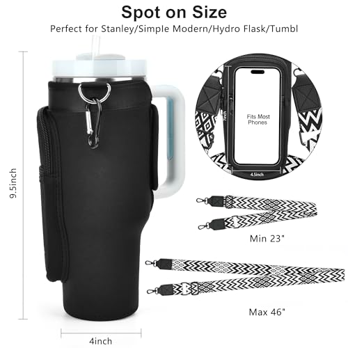Initial Water Bottle Holder with Strap for Stanley 40 oz Tumbler, for Simple Modern 40 oz Tumbler, Graduation Gift with Phone Pocket, Carabiner, Personalized Gift for Stanley Cup Accessories Black S