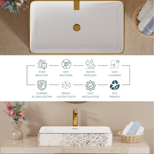 Image of BASSINO 24x14x5 Inches Designer Ceramic Wash Basin /1 Year Warranty /White & Gold Rectangular Table Top-Above Counter Basin for Modern Bathroom Vanity, Restaurants /Stylish Sink for Living Room(Glossy)