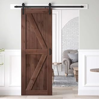 ROYMELO 32x80 inch Sliding Barn Wood Door Slab with 5.5ft Hardware Kit and Handle, Coffee, K Shape, Simple DIY Assembly