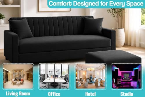 Image of Urban Decor 3 Seater Wooden Sofa Set with Matching Ottoman, Modern Channel Tufted Velvet Fabric Couch for Living Room-Black