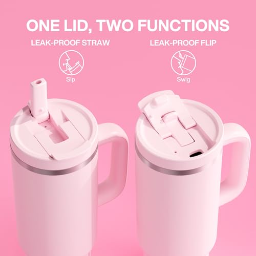Image of 40 oz Tumbler with Handle and Straw: Stainless Steel Insulated Tumbler Keeps Cold for 24 Hours, Leakproof Travel Cup Fits in Cup Holder and BPA-Free, Cotton Candy