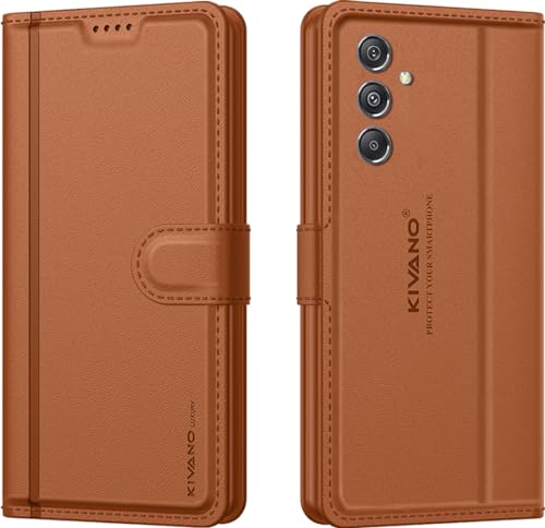 Image of KIVANO LUXE Compatible for Samsung Galaxy F34 5G / Samsung Galaxy M34 5G Luxury Handmade Leather Magnetic Flip Folio Case | Card Holder & Kickstand | Slim Protective Cover | Unisex - Brown