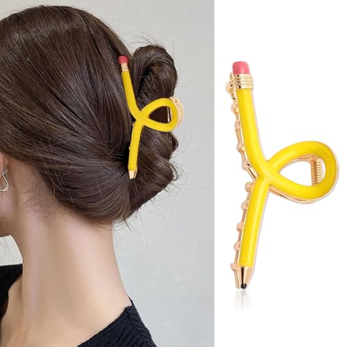 Pinza para cabello con diseño de lápiz color amarillo miniatura 1