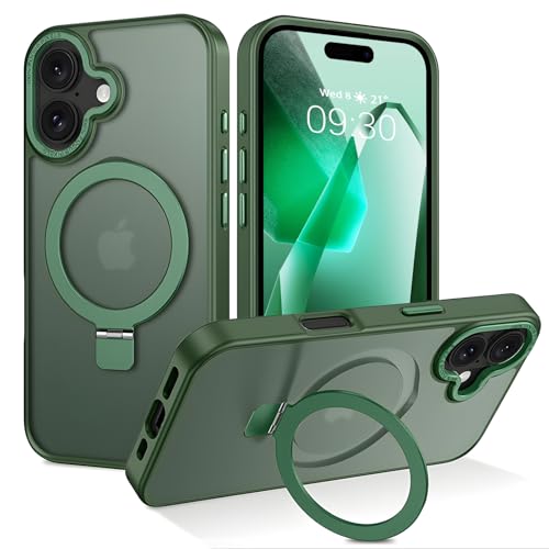 Coque magnétique pour iPhone 17 avec anneau pliable en métal vert translucide