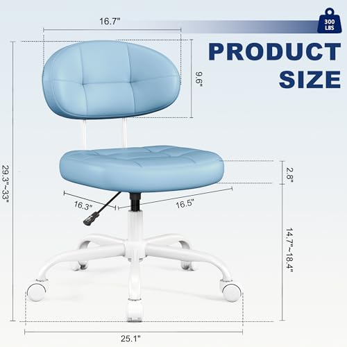 Image of Misolant Vanity Chair with Back, Small Armless Cute Office Chair with Wheels and Lumbar Support, Comfy PU Leather Desk Computer Chairs with Adjustable Height, 360Swivel for Home Bedroom Office, Blue