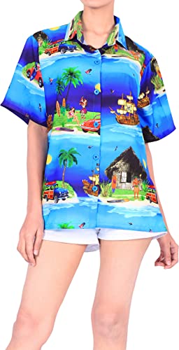 La Leela Women's Funky Aloha Beach Hawaiian Blouse Tops Button Down Tropical Shirts For Women M Blue, Holiday Tribal #TOP18
