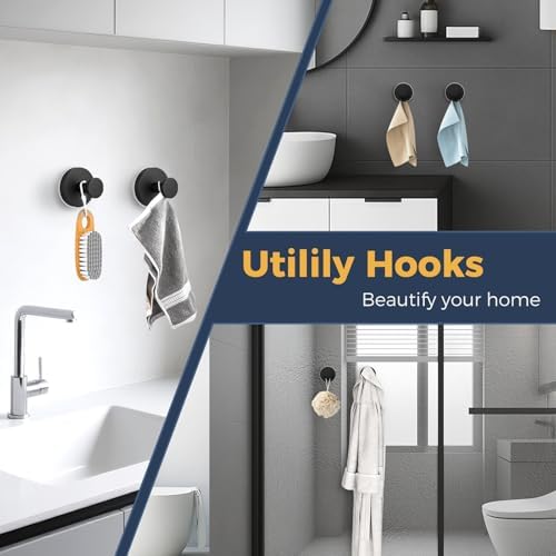 QQK Large Suction Cup Hooks for Shower,Heavy Duty 15lbs Shower Hooks for Inside Shower,No-Drill Removable Towel Hooks for Bathroom,4 Packs(Matte Black) - 5