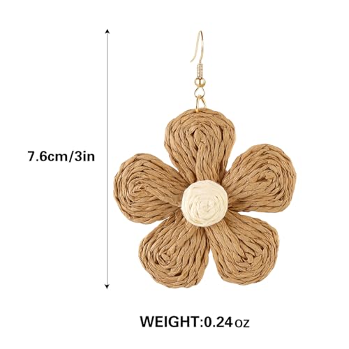 Image of Handmade Raffia Hoop Earrings Statement Tropical Bohemian Straw Dangle Earrings Natural Rattan Vacation Style Round Earrings for Women Summer Beach Party Essential Jewelry