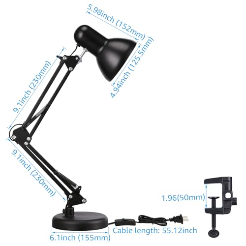 TORCHSTAR Metal Desk Lamp with Clamp, Swing Arm, Architect Adjustable Gooseneck Table Lamp, Clip Desk Lights for Home Office, Work, Study, Reading, E26 Base, Multi-Joint, Black