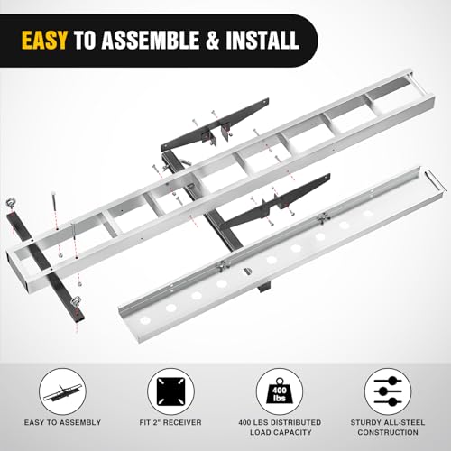 Image of Nilight Motorcycle Hitch Carrier 400LBS, Lightweight Robust Aluminum Dirt Bike Hitch Hauler with 55.11 inch Longer Ramp, Pin Lock, Tie-Down Strap and Tightener, 2 inch Receiver, 5 inch Wide Tire