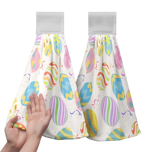 Kwlegh Happy Easter Hanging Kitchen Towels Colorful Easter Eggs Hand Towel with Loop Watercolor Spring Holiday Dish Towel Soft Absorbent Fingertip Fast Dry Bath Towels for Bathroom Decor Set of 2