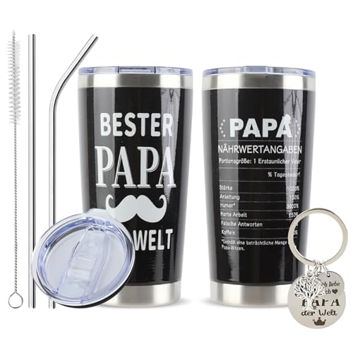 FYting Thermobecher Personalisiert,Thermobecher mit Gravur,Bester Papa der Welt und Väterliche Liebeszutatenliste,mit SchlüSselbund Stroh Cover, Geschenk für Vater (Vatertag)