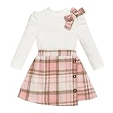 Toddler Girl Plaid Outfits Fall Winter Dress Knit Ribbed Bow Sweatshirt Tops and Button Fashion Skirts Set（White Pink Plaid,3T