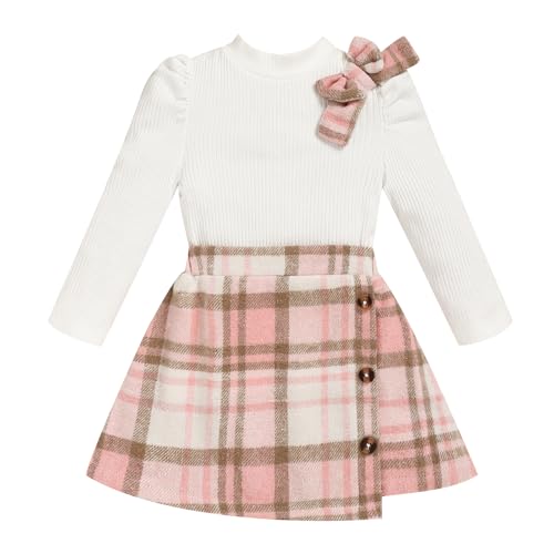 Toddler Girl Plaid Outfits Fall Winter Dress Knit Ribbed Bow Sweatshirt Tops and Button Fashion Skirts Set（White Pink Plaid,3T