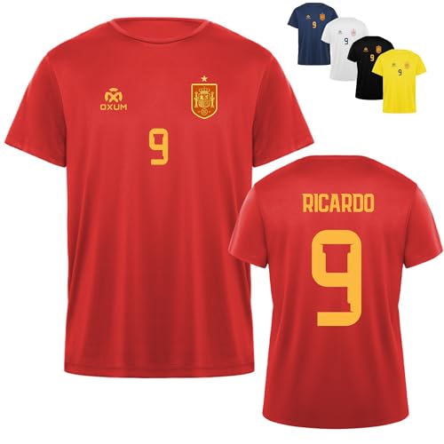 OXUM Camiseta de Fútbol España Personalizada con Nombre y Número Incluidos   Tejido Técnico Control Dry Transpirable 135g   Tallas Hombre y Niño con Escudo   Equipación No Oficial Selección Española