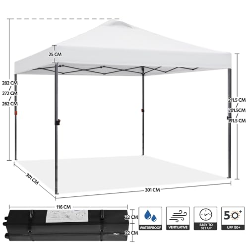 Miniatura 2 de Yaheetech Carpa Plegable 3x3m Altura Ajustable 262-282cm Cenador Para Jardin Gazebo De Patio Para Camping Playa,Con Bolsa De Transporte, Resistente Al Viento Blanco