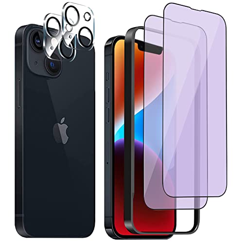 DZHFU 【ブルーライトカット】 iPhone 14 plus 用 強化ガラスフィルム 6.7インチ 硬度9Ｈ強化ガラス 滑らかなタッチ操作 指紋付着防止 飛散防止 気泡防止 全面保護フィルム ガイド枠付き 貼り付けは簡単【強化ガラスフィルム(2枚入り)＋レンズ保護フィルム (2枚入り)】