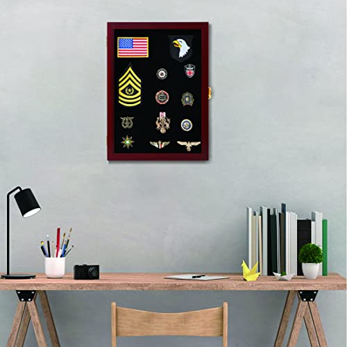 Image of VERANI Pin Display Case Badge Display Frame Large Mahogany for Beach Tags | Flexible layout arrangement,Premium real clear glass door,Wood matte black frame,Wall mountable design