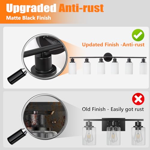 Image of DLLT 6-Light Bathroom Light Fixtures: Black Modern Vanity Lights with E26 Bulbs - Milky White Glass Shade Bathroom Wall Lamp for Mirror Kitchen Living Room Hallway Cabinet Porch