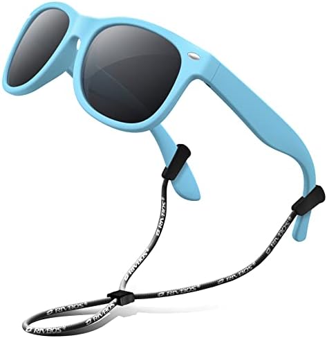 RIVBOS Kids Sunglasses with Strap Polarized UV Protection Flexible Rubber Shades for Boys Girls Age 3-10 RBK004-2 Light Blue