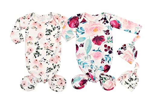Image of Giggle Angel Newborn Baby Sleeper Gown Knotted Gown Baby Girl Coming Home Outfits 2-Piece Gown and Hat Set