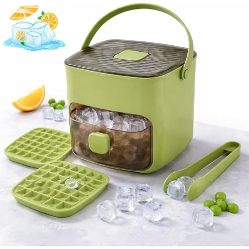 Image of 2-in-1 Large Capacity Ice Maker & Storage Bin Set (6.3 * 6.2 * 6.1 in), Double-Layer 48-Cell Volume, White & Green, Press Release Ice Cube Tray with Lid & Scoop, for Freezer, Home, Party (Green)