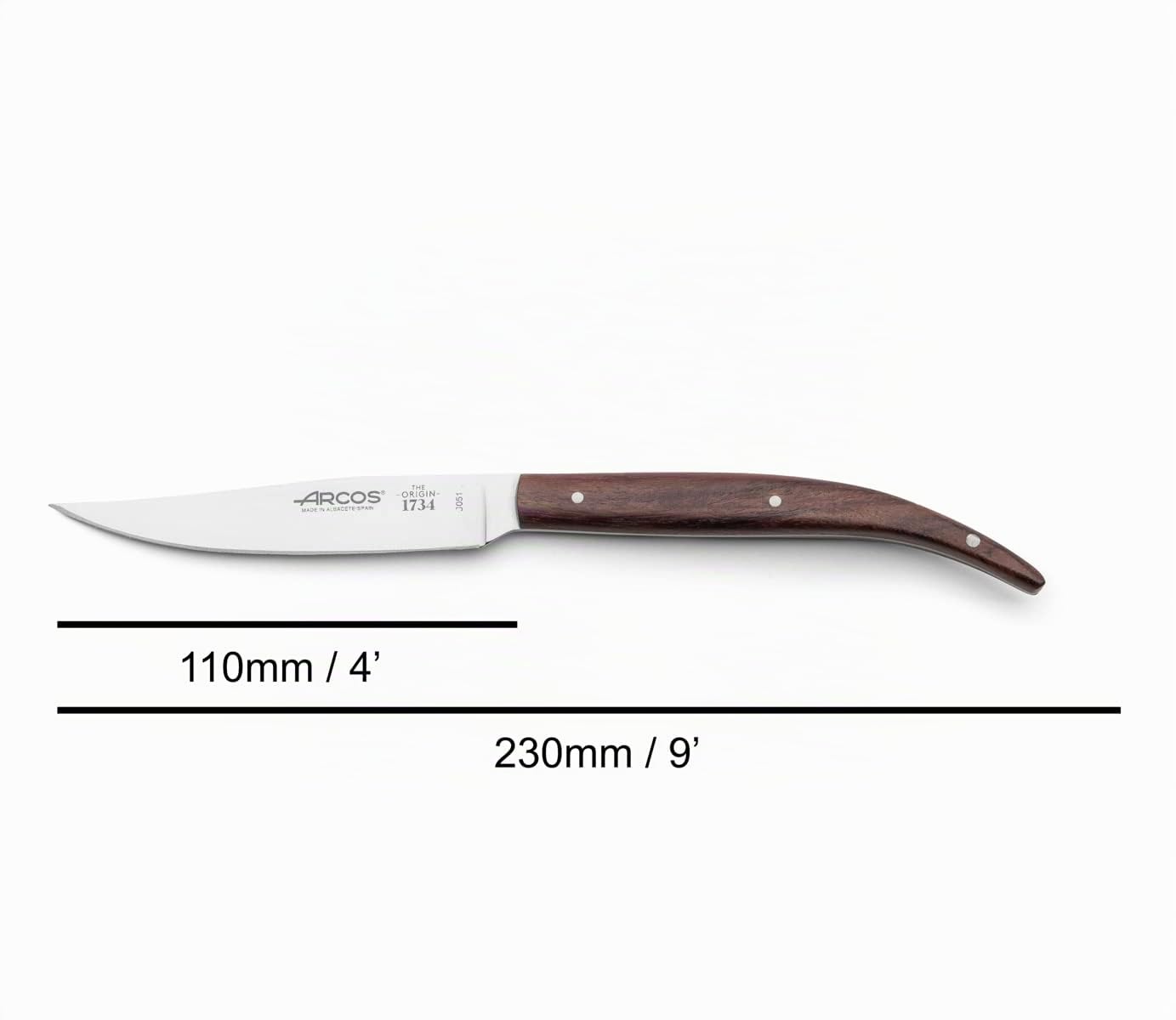 Arcos Cuchillos de Mesa Chuleteros - Juego 4 Piezas, Hoja Acero Inoxidable NITRUM 110 mm, Mango Madera Palisandro, Ideal para Carnes - Serie C