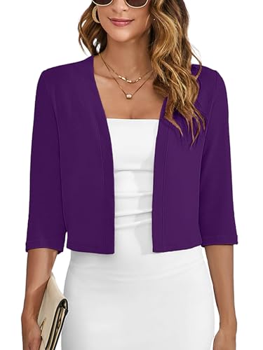 Heymoments Women's Thin Shrugs for Dresses Purple Large Open Front Knit 3/4 Sleeve Lightweight Coat Cropped Tops Shawls and Wraps Cardigan Dressy Sweater Clothes