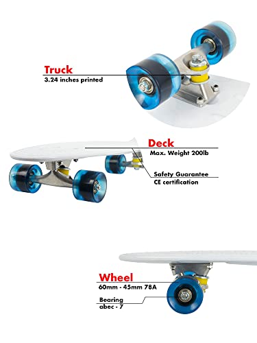 MoBoard Classic 27" Skateboard | Pro and Beginner | 27 inch Vintage Style with Interchangeable Wheels, Enhanced Bearings | Portable, Lightweight | Durable Rails, Metal Truck. (White - Clear Blue) - Thumbnail 2