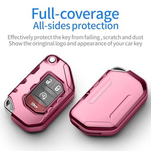 Image of Compatible with Jeep Key Fob Cover With Leather Keychain Soft TPU Protection Key Case for 2018-2026 Wrangler JL JLU Rubicon Wagoneer Gladiator JT Sahara JLU Remote Key (Pink)