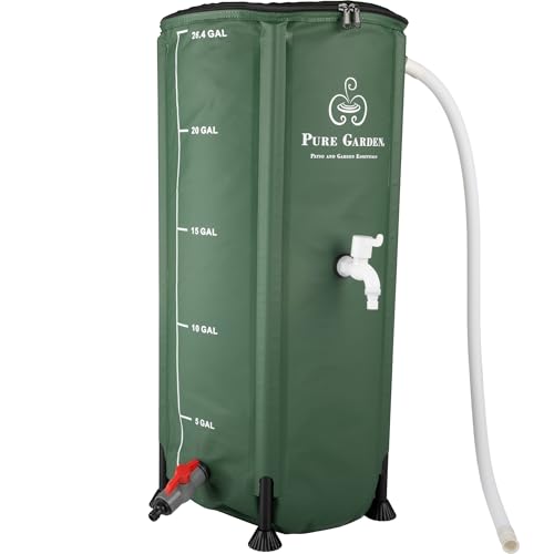 Rain Barrel - 26.4-Gallon/100-Liter Collapsible Water Container for Catching Rainwater - Portable Water Tank with Spigot by Pure Garden (Green) by Pure Garden - Used condition - CA$57.47